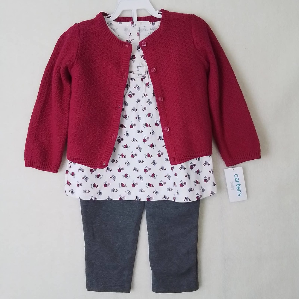 Carter's Baby 3-Peice Sweater Set Size 24mo in Pink, Gray, White w/ Flowers‎